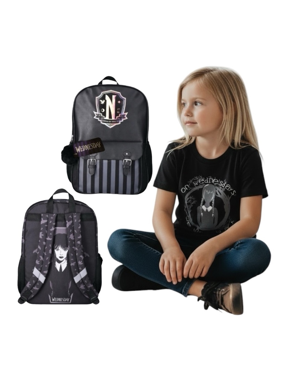 Kids Black and Gray 'Wednesday' Themed Backpack with Pom Accent